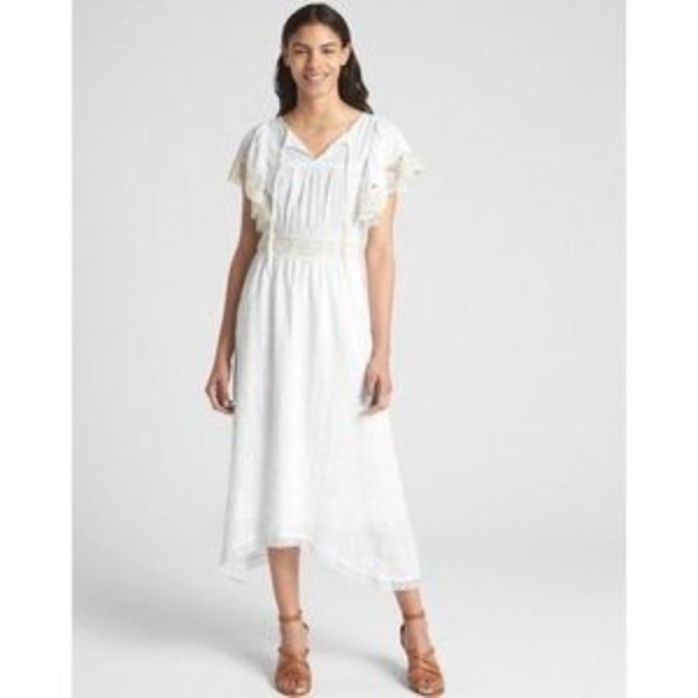 Gap white cotton and lace flutter sleeve asymmetrical midi dress